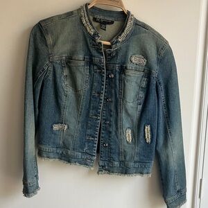 INC International Concepts Blue Distressed Jean Jacket w/ Bling/Crystals Size SP